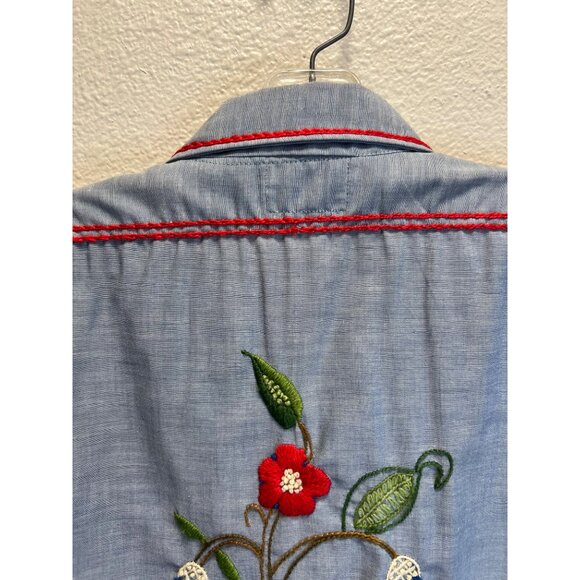 Vintage Montgomery Ward Embroidered Chambray Shirt Red Stitching Floral & Bird D - Picture 5 of 13